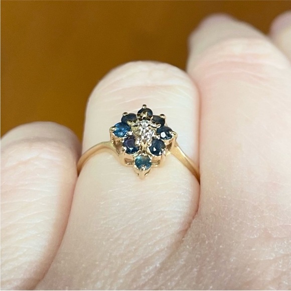 14K Natural Sapphire Diamond cluster pyramid dark blue yellow gold ring - Picture 6 of 10